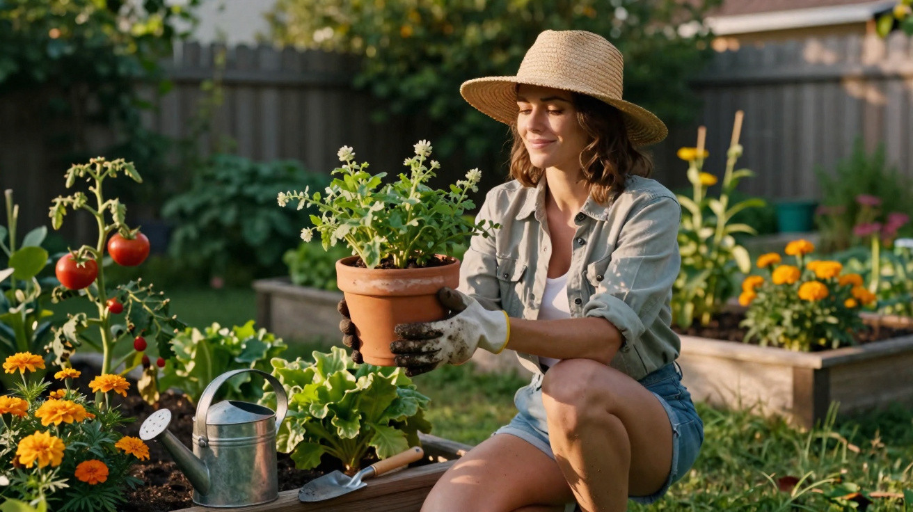 Woman in a straw hat holding a potted plant in a sunny garden surrounded by flowers and vegetables.