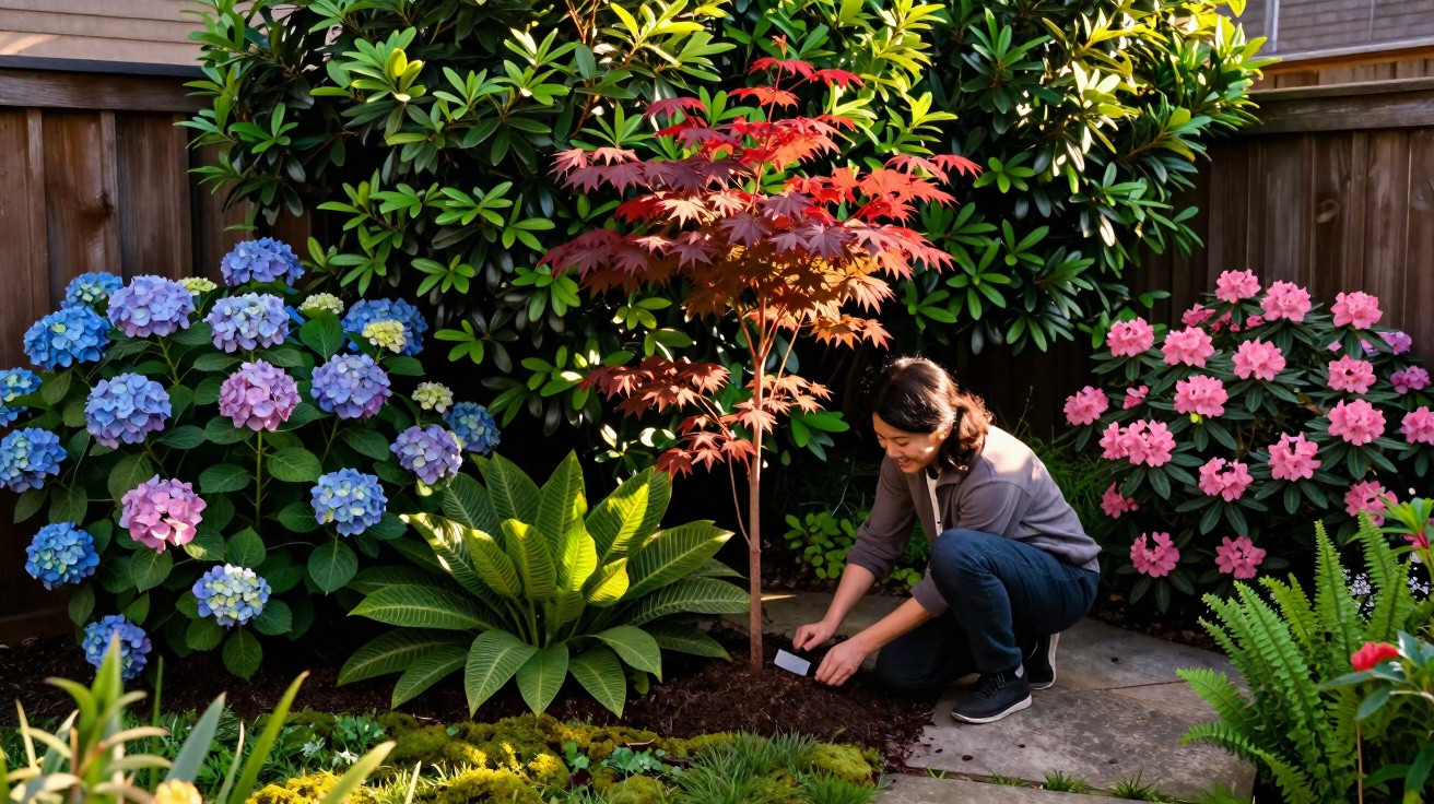 Person planting a small red-leaved tree in a colourful garden with blue and pink flowers.
