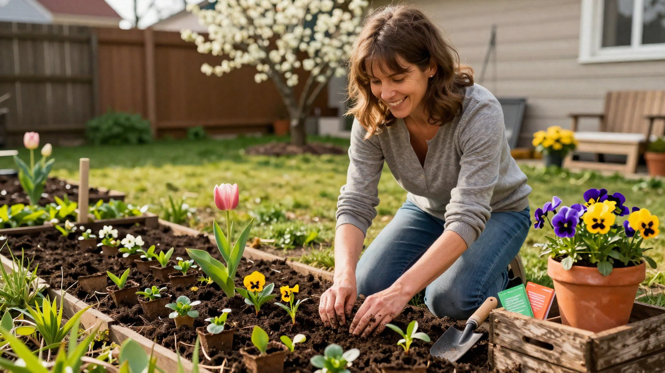 Woman smiling while planting flowers in a garden bed on a sunny day in a backyard.