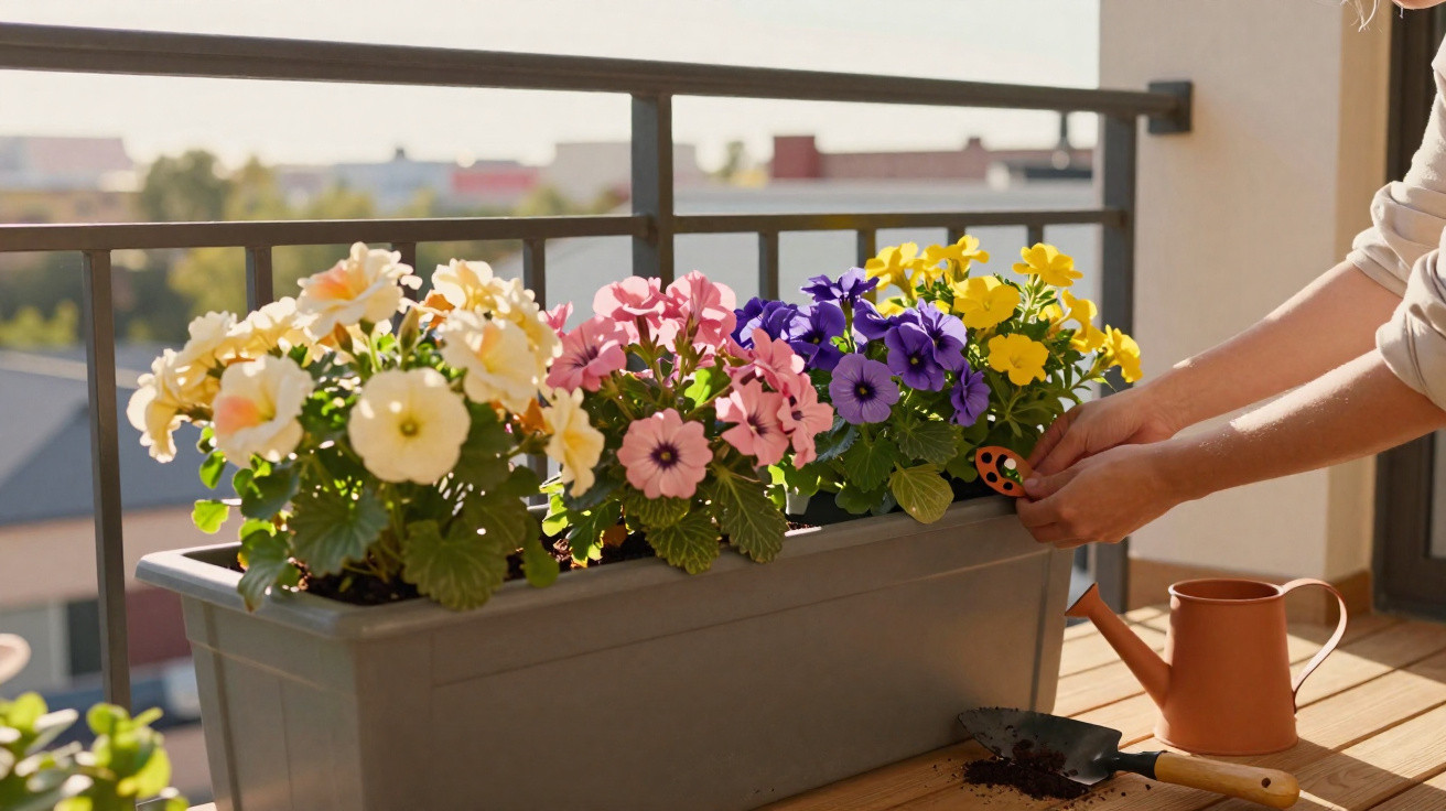 Person placing a wooden ladybird decoration among colourful flowers in a balcony planter box.