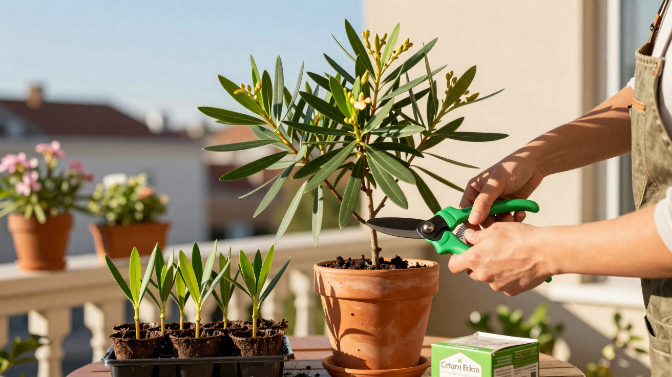 Person pruning a potted plant on a balcony table with seedlings and gardening supplies in sunlight.