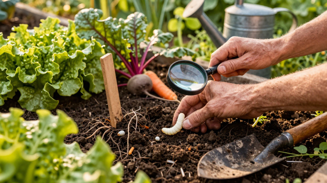 Hands holding a magnifying glass and a white grub worm in a vegetable garden with lettuce and carrots nearby.