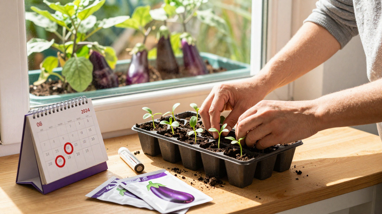 Hands tending to seedlings in a tray by a window with seed packets and a calendar on the table.