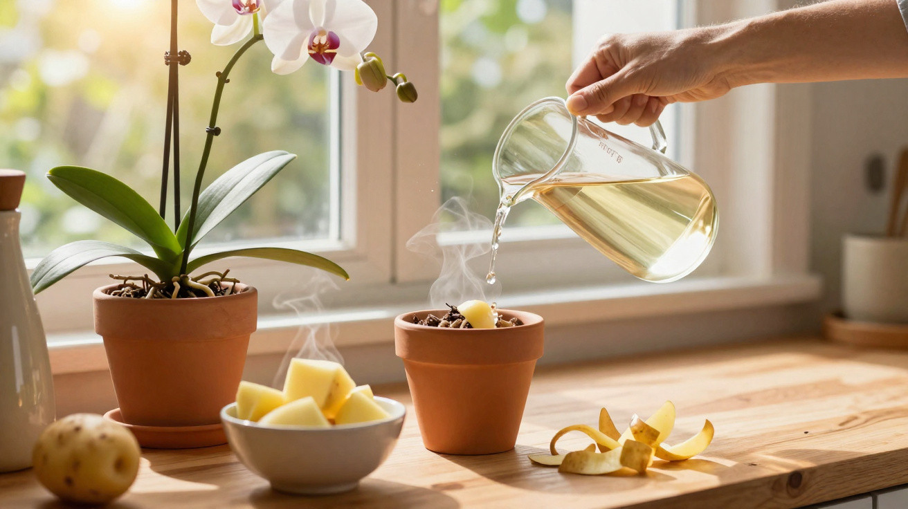 Hand pouring liquid from glass beaker into small terracotta pot with steaming potato pieces on wooden counter.