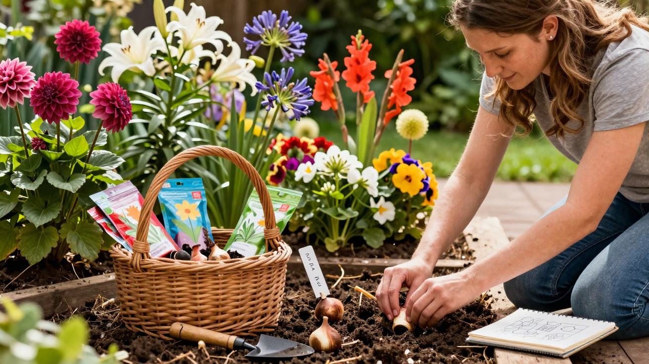 Woman planting flower bulbs in a garden bed next to a basket with seed packets and gardening tools.