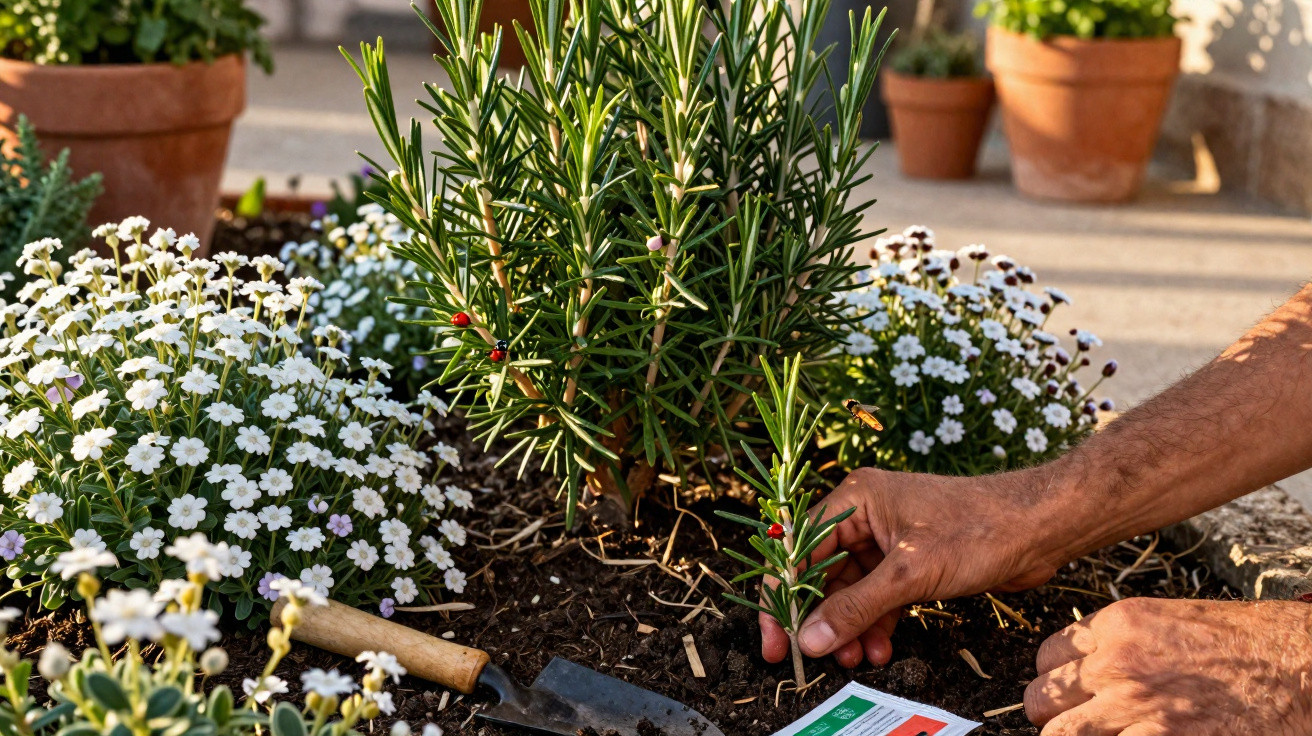 Hands planting a small rosemary bush surrounded by white flowers in a sunlit garden bed with gardening tools nearby.
