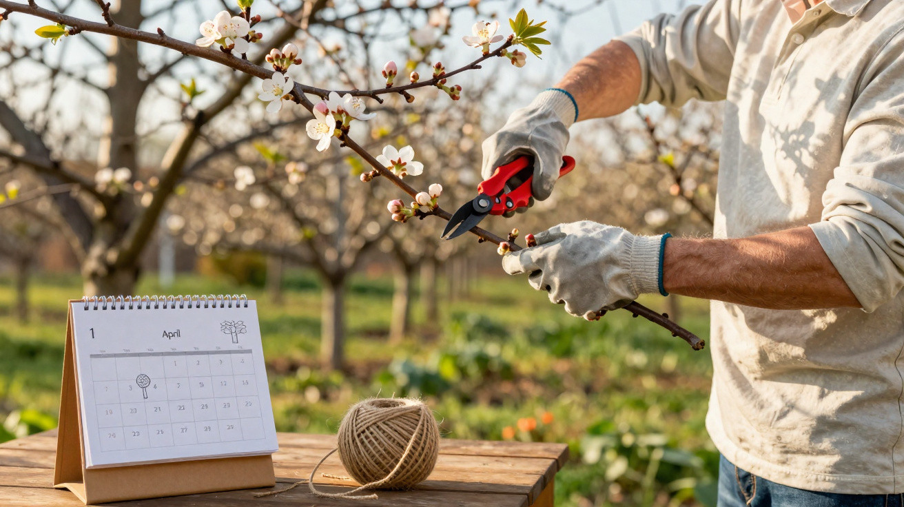 Person wearing gloves pruning a blossoming tree branch with garden shears in springtime orchard.