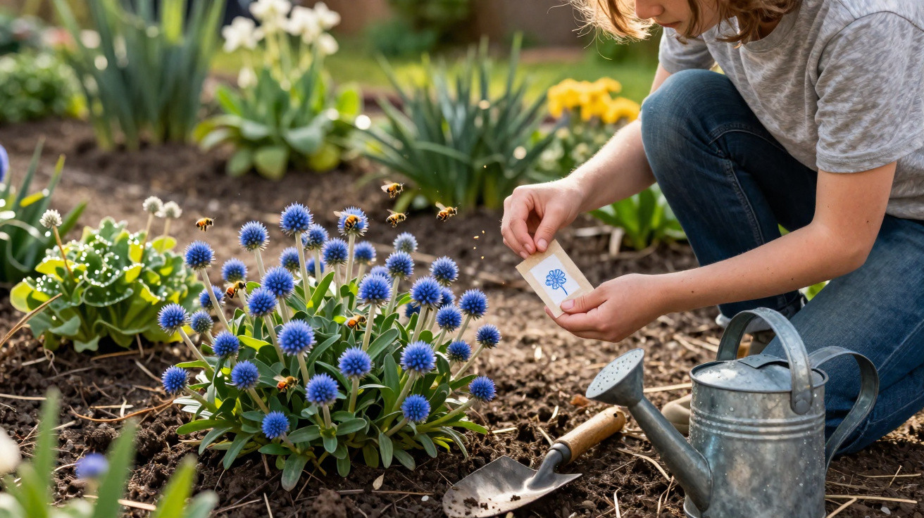 Person planting blue globe thistle flowers in garden soil with bees and gardening tools nearby.