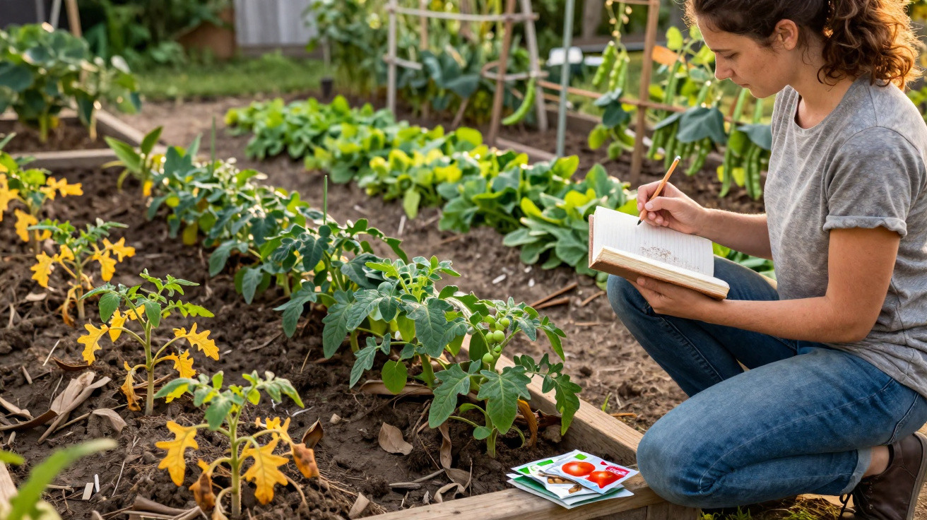 Woman kneeling in a garden, writing in a notebook, with young plants and seed packets nearby.