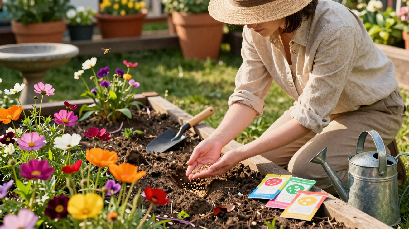 Person in a straw hat planting seeds in a garden bed surrounded by colourful flowers and gardening tools.