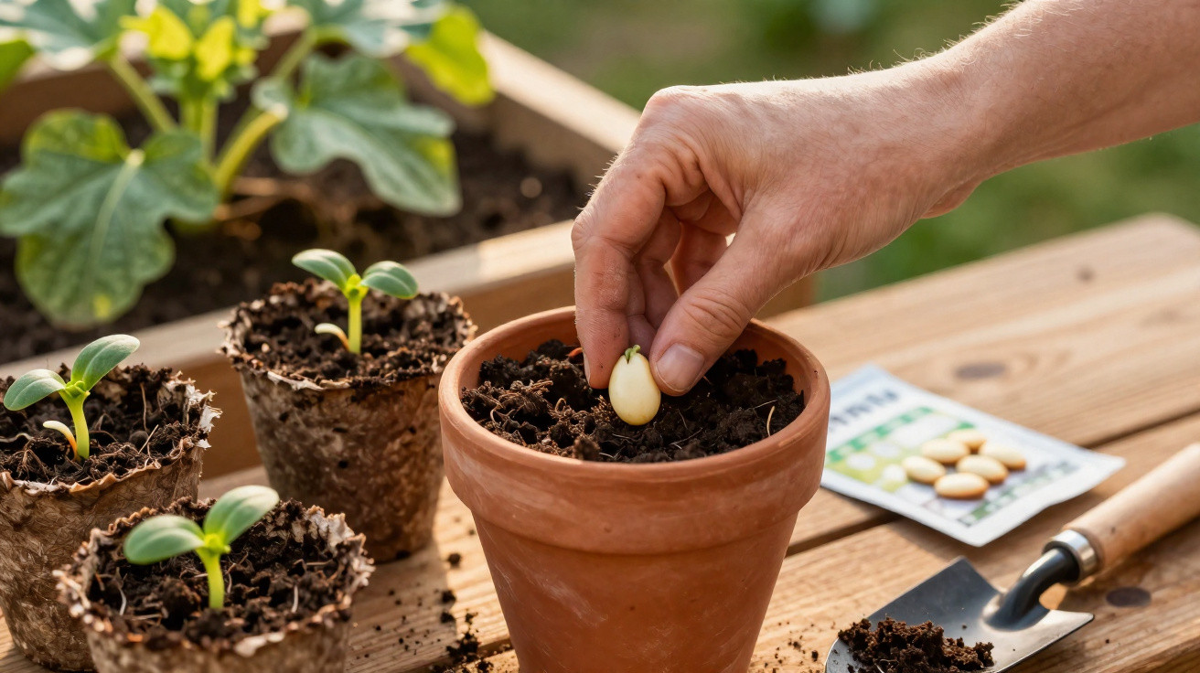 Hand planting a seed in a terracotta pot on a wooden table with seedlings and gardening tools nearby.