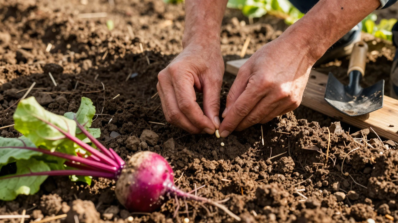 Hands planting seeds in soil with a freshly harvested beetroot and small garden trowel nearby.