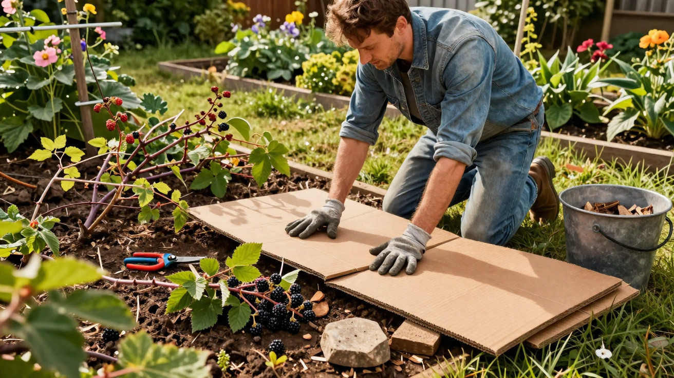 Man wearing gloves kneeling in garden, placing cardboard on soil near blackberry plants and gardening tools.