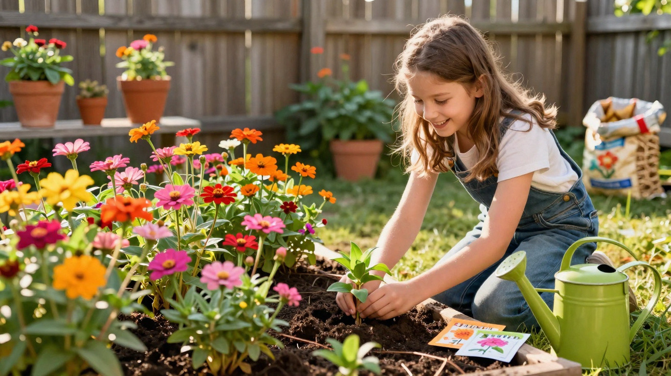 Young girl planting seedlings in a garden bed surrounded by colourful flowers and gardening tools.