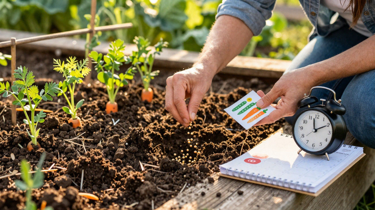 Close-up of hands planting carrot seeds in soil next to a notebook and black alarm clock in a garden.