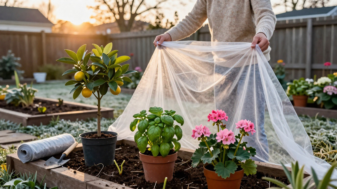 Person covering potted lemon tree, basil, and pink flowers with garden fleece in raised bed at sunrise.