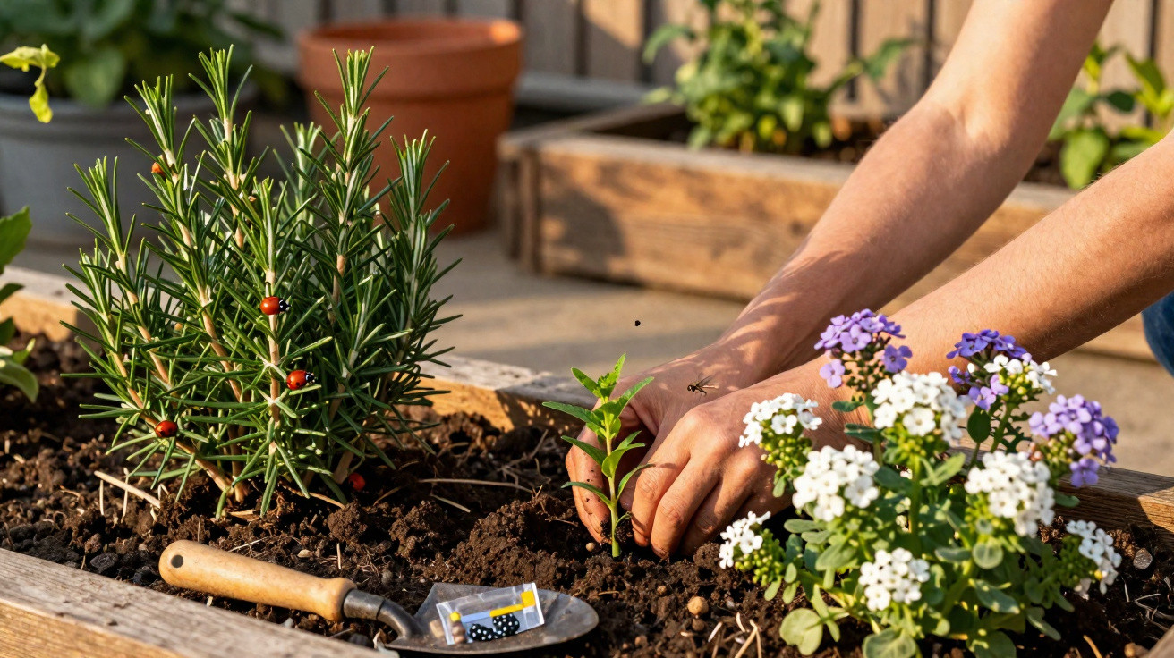 Hands planting a small seedling in a wooden garden bed surrounded by herbs, flowers, and gardening tools.