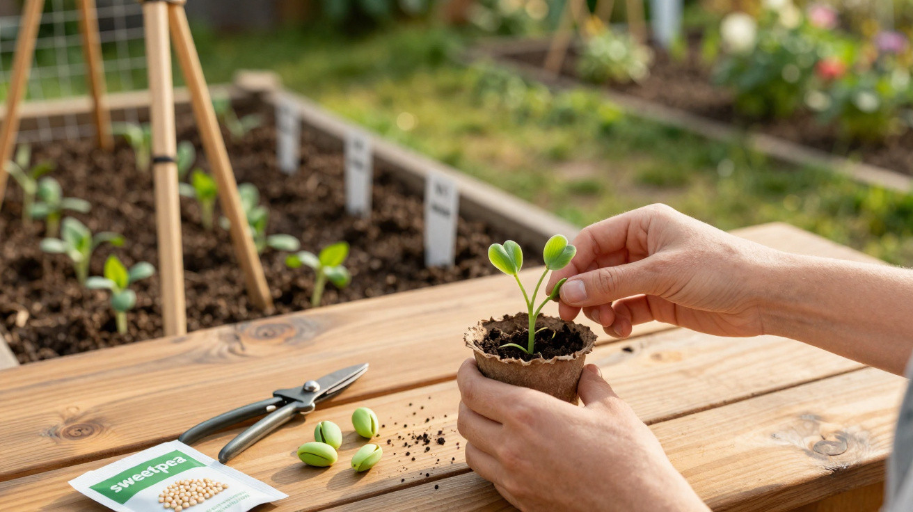 Hands planting a young seedling in a biodegradable pot on a wooden table outdoors with gardening tools nearby.