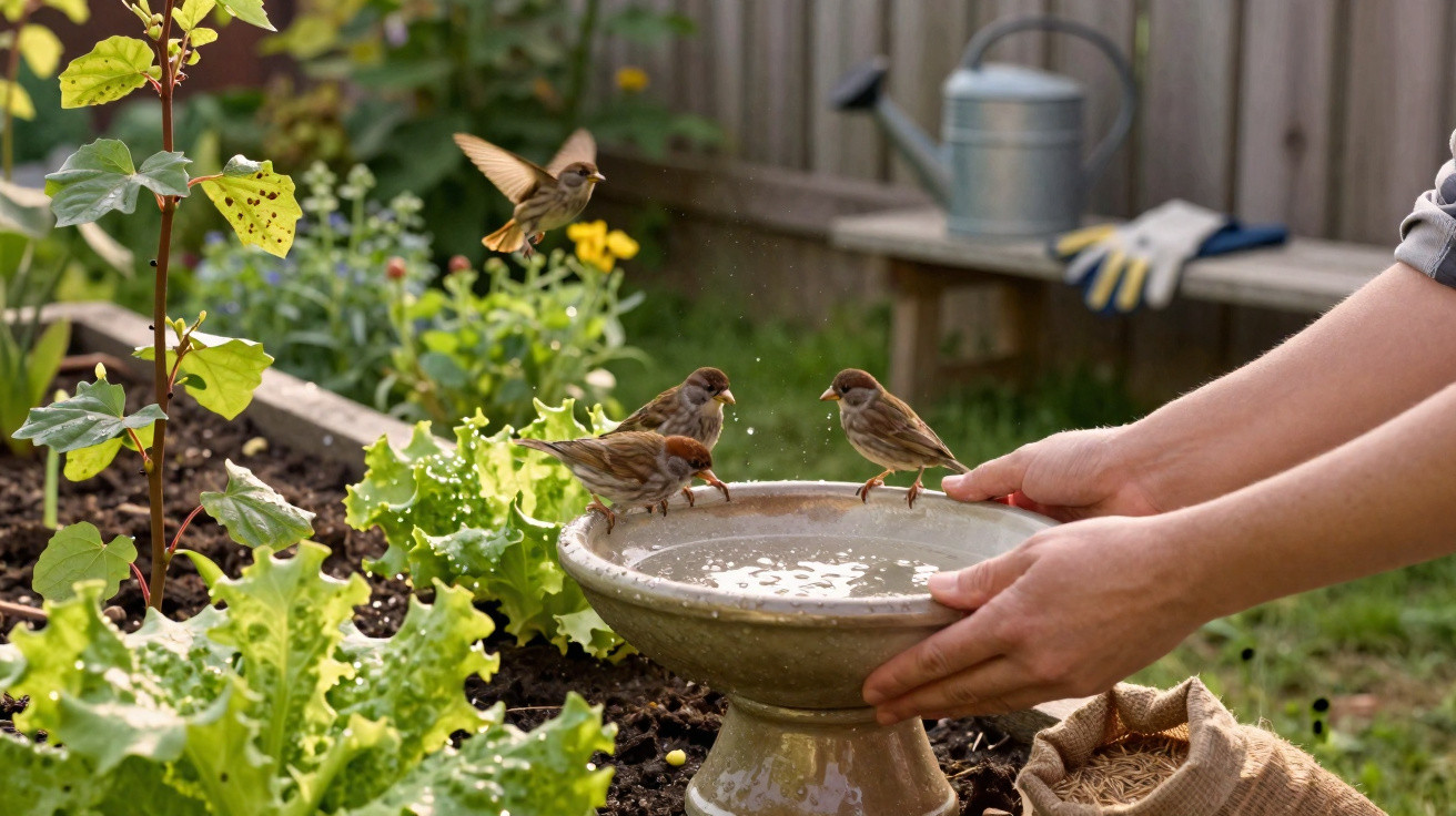 Hands holding a birdbath with three sparrows perched and one flying in a garden with lettuce and flowers.