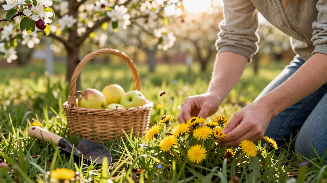 Person picking yellow dandelion flowers near a basket of apples in an orchard.