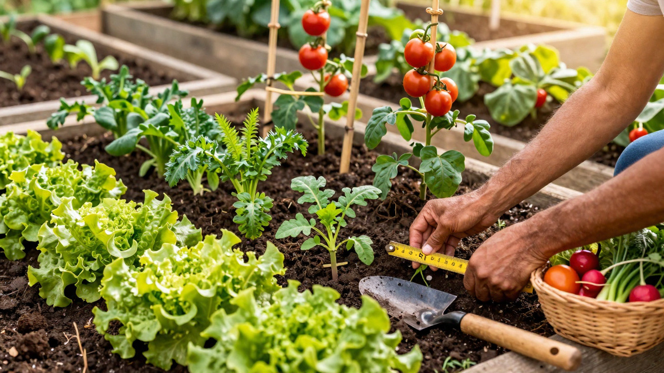 Person measuring tomato plant growth with tape in raised garden bed with lettuce and ripe tomatoes.