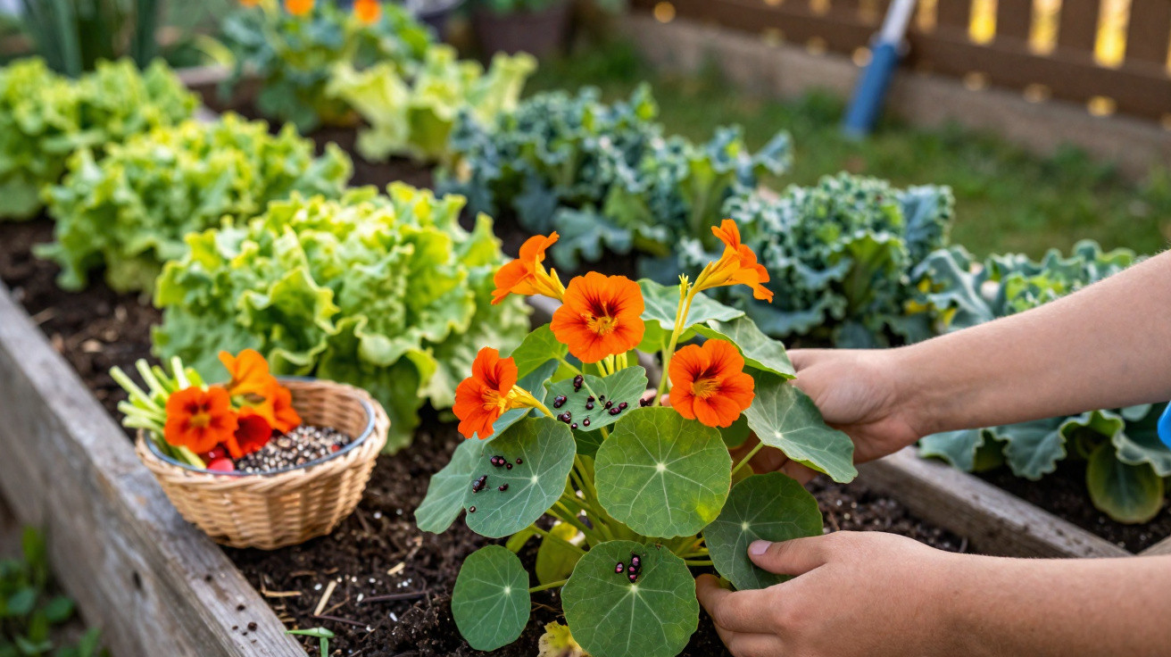 Hands planting a vibrant orange nasturtium flower in a raised garden bed with lettuce and kale in the background.