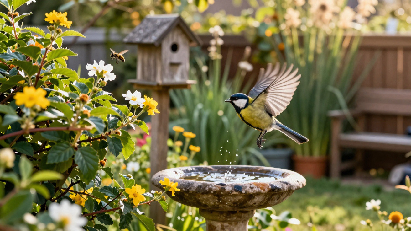 Small bird taking flight above a stone birdbath in a sunlit garden with yellow flowers and a birdhouse.
