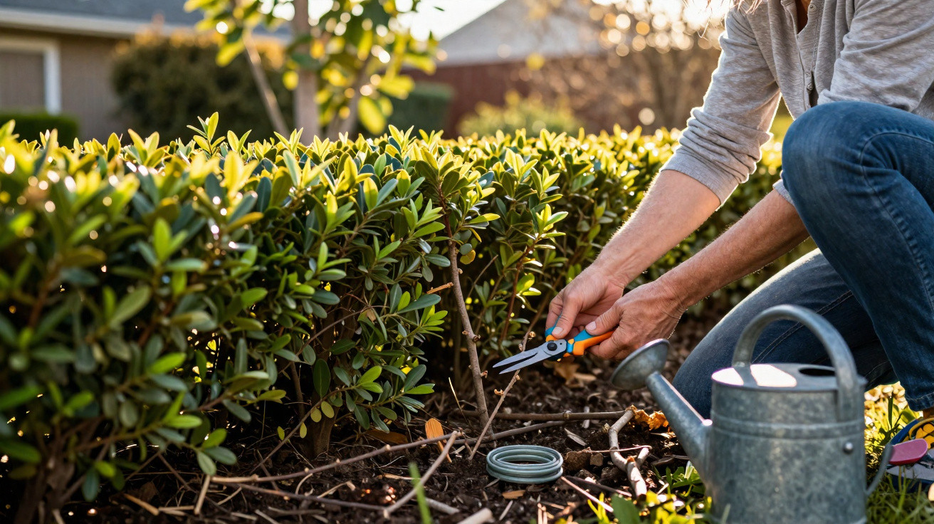 Person pruning hedge with garden shears beside metal watering can in a sunny garden.