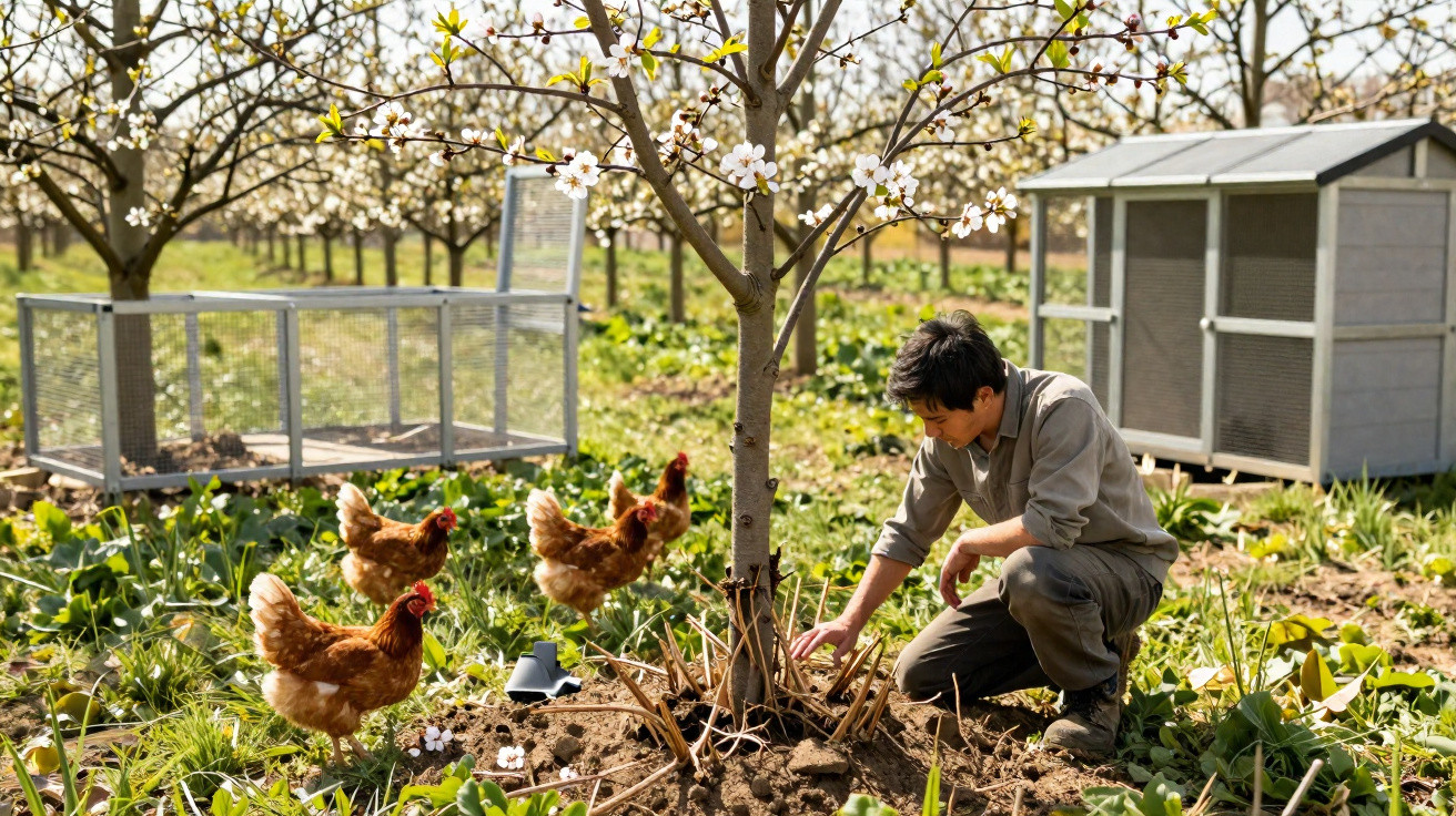 Person tending to plants near a blossoming tree with chickens and coops in a sunny orchard.