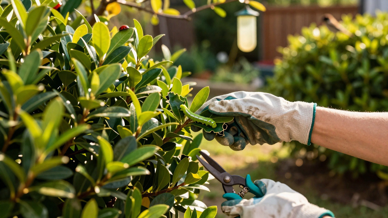 Person wearing gardening gloves removing a green caterpillar from a shrub with pruning shears in a garden.