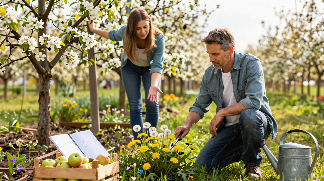 Man kneeling and photographing yellow flowers while woman points in blossoming orchard with crate of apples.