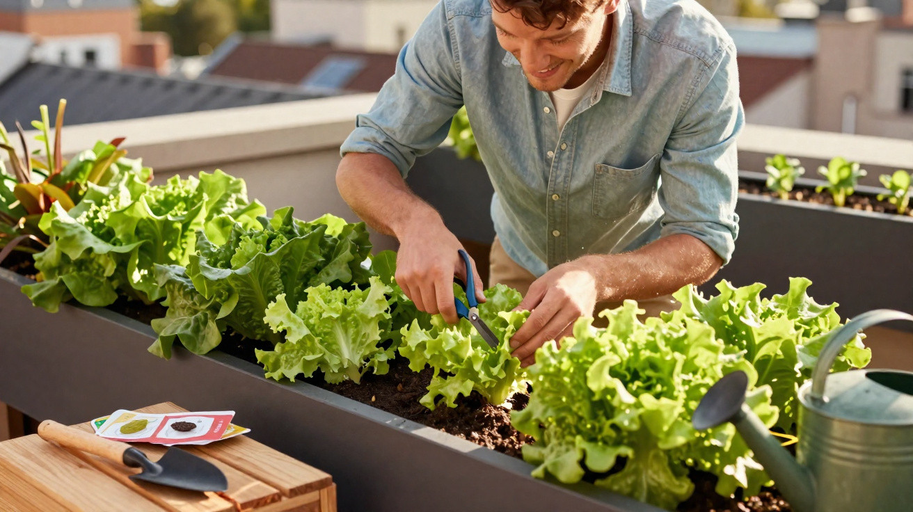 Man trimming lettuce leaves with scissors in an urban rooftop garden on a sunny day