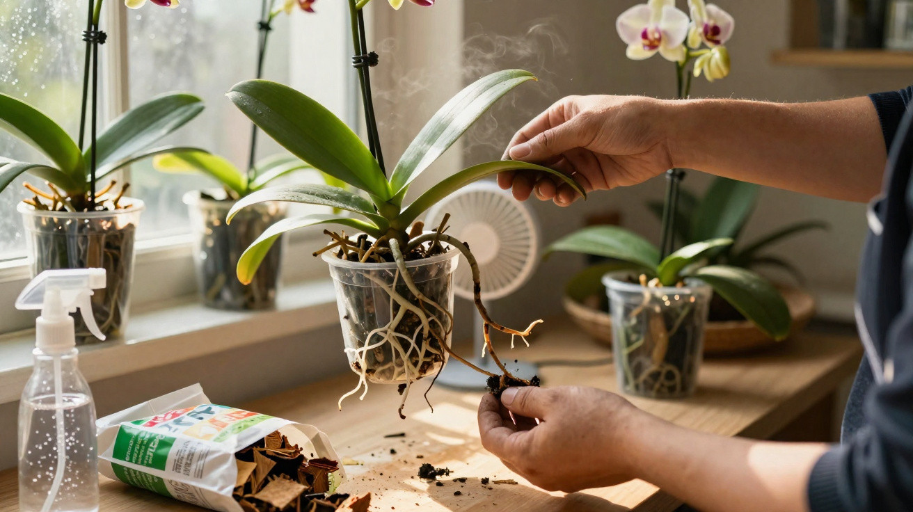 Person repotting an orchid plant indoors near a window with soil and spray bottle on table.