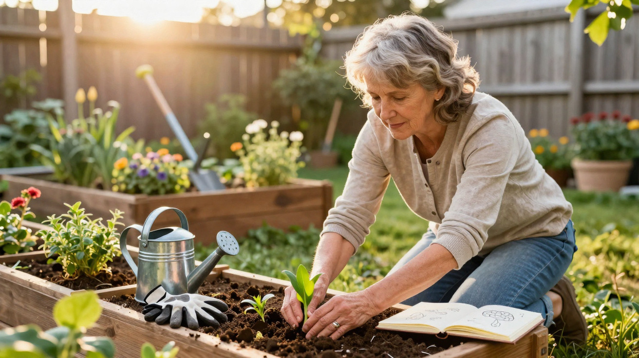 Older woman planting a seedling in a raised garden bed with gardening tools and a notebook nearby.