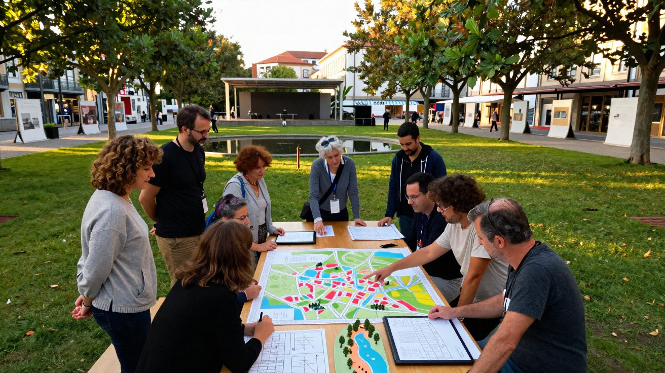 Group of people gathered outdoors around a table examining a colourful urban planning map.