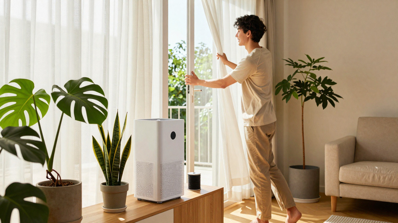 Young man opening curtains in bright living room with indoor plants and air purifier on wooden cabinet.