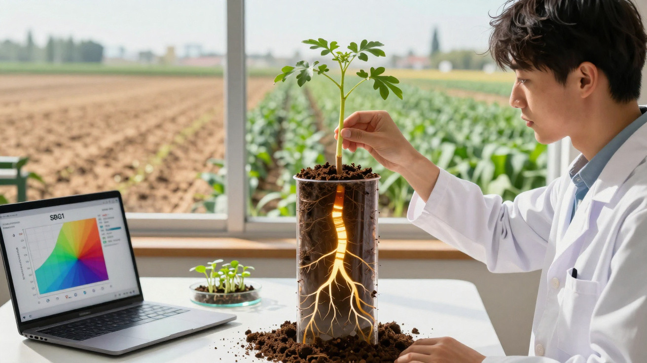 Scientist examining a young plant's roots in a transparent container with a laptop and seedlings nearby.