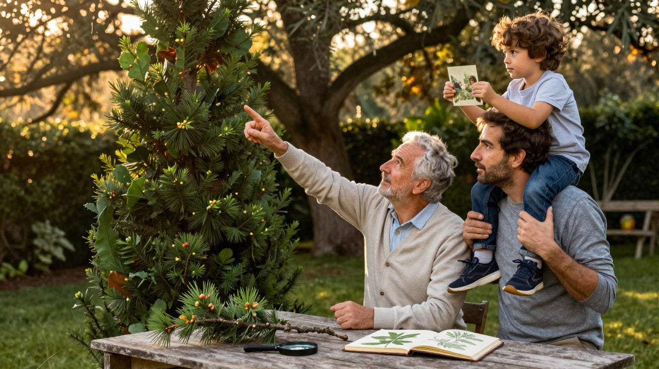Three generations of men examining leaves on a tree in a garden at sunset.