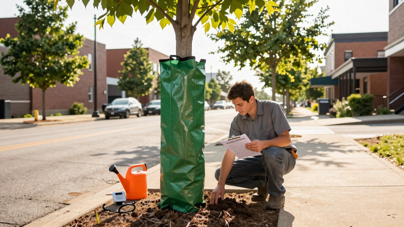 Man checking soil around a young city street tree with watering can and clipboard nearby on a sunny day.