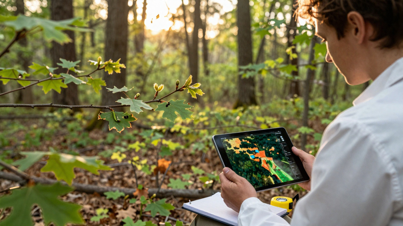 Person analysing forest data on a tablet while sitting in a wooded area with a notebook and measuring tape.