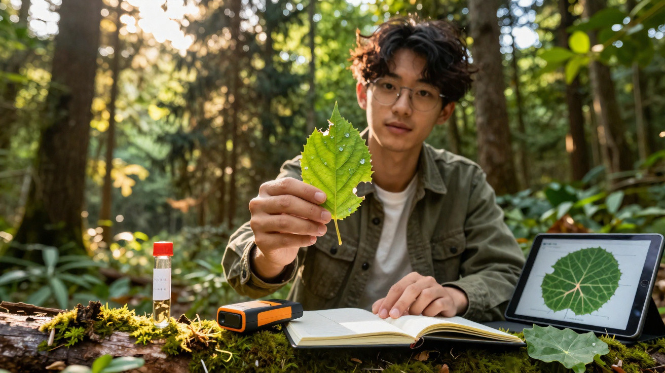 Young male scientist examining a green leaf in forest with tablet, notebook, and scientific tools on mossy log.