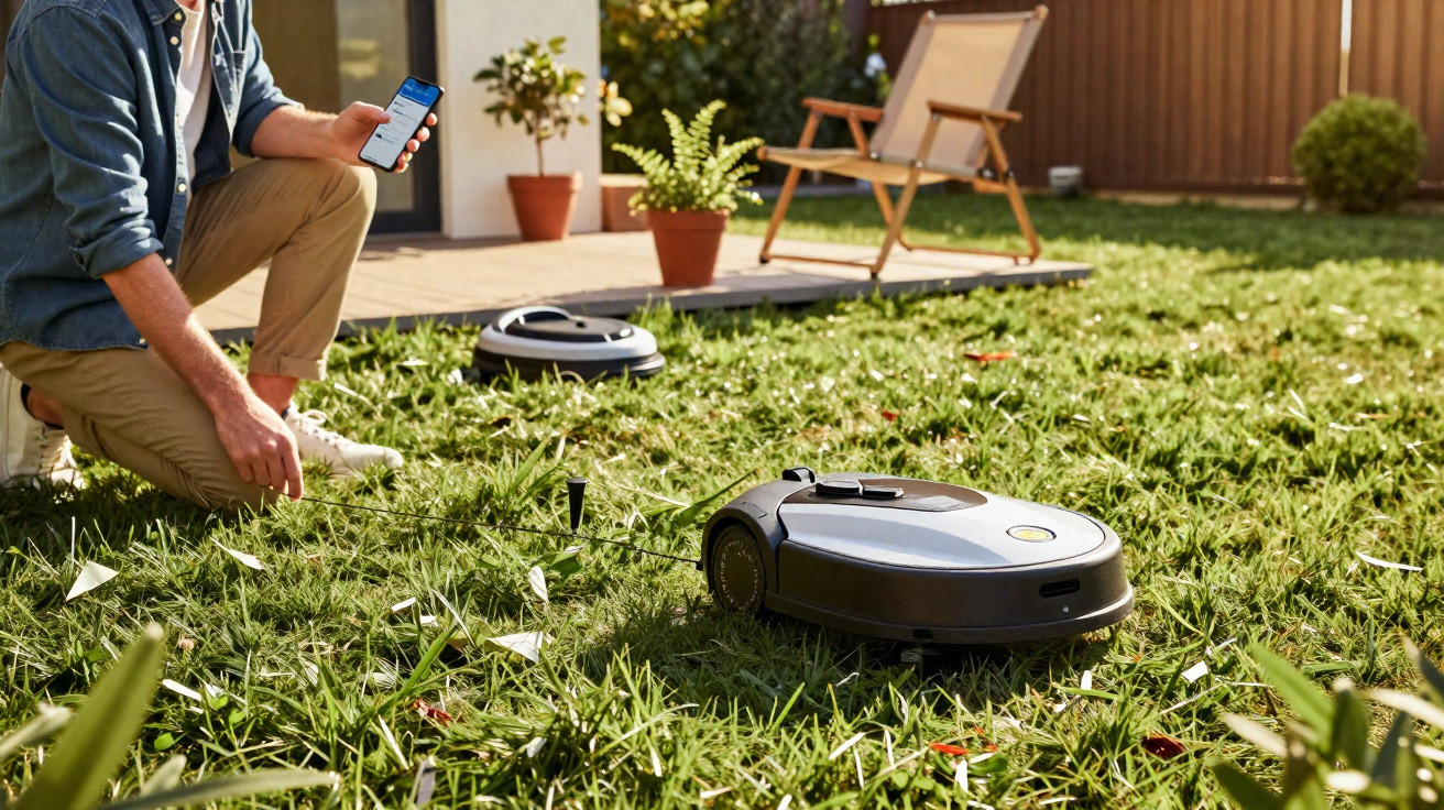 Person controlling robotic lawn mower with smartphone in a sunny garden next to a patio with plants and chair.