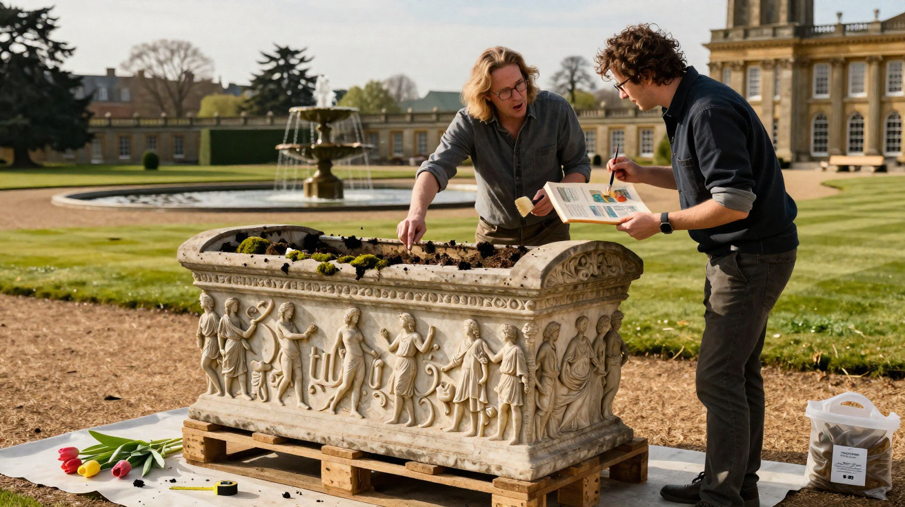 Two men examining soil and plants in an ornate stone planter outside a historic building with a fountain in the background.