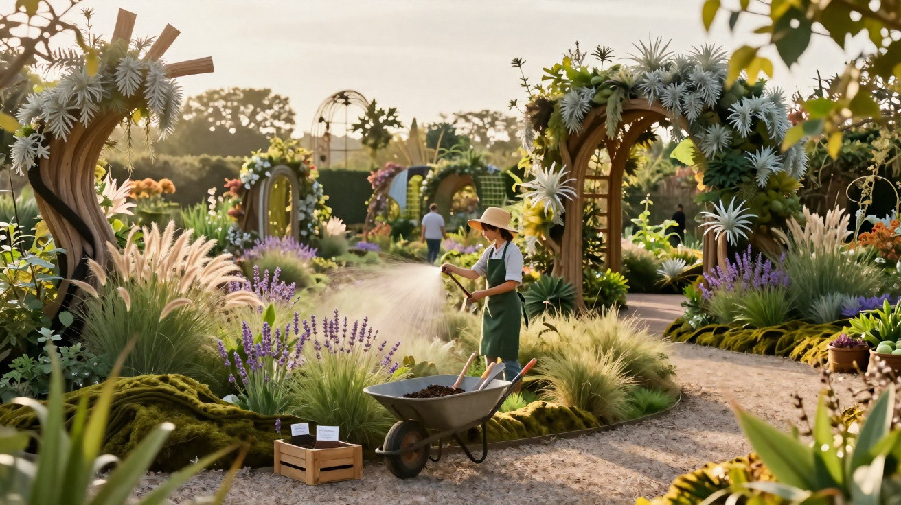 Person watering plants in a vibrant garden with floral arches and various colourful flowers at golden hour.