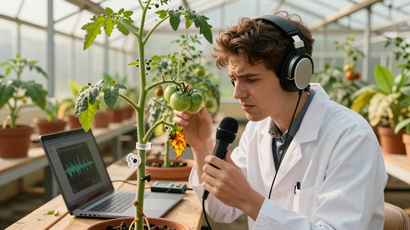 Scientist in a white coat using headphones and a microphone to record sounds from a tomato plant in a greenhouse.
