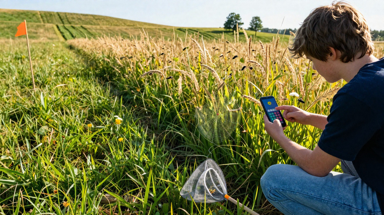 Boy using a smartphone to identify a spider in a grassy field with a net and spiderweb nearby.