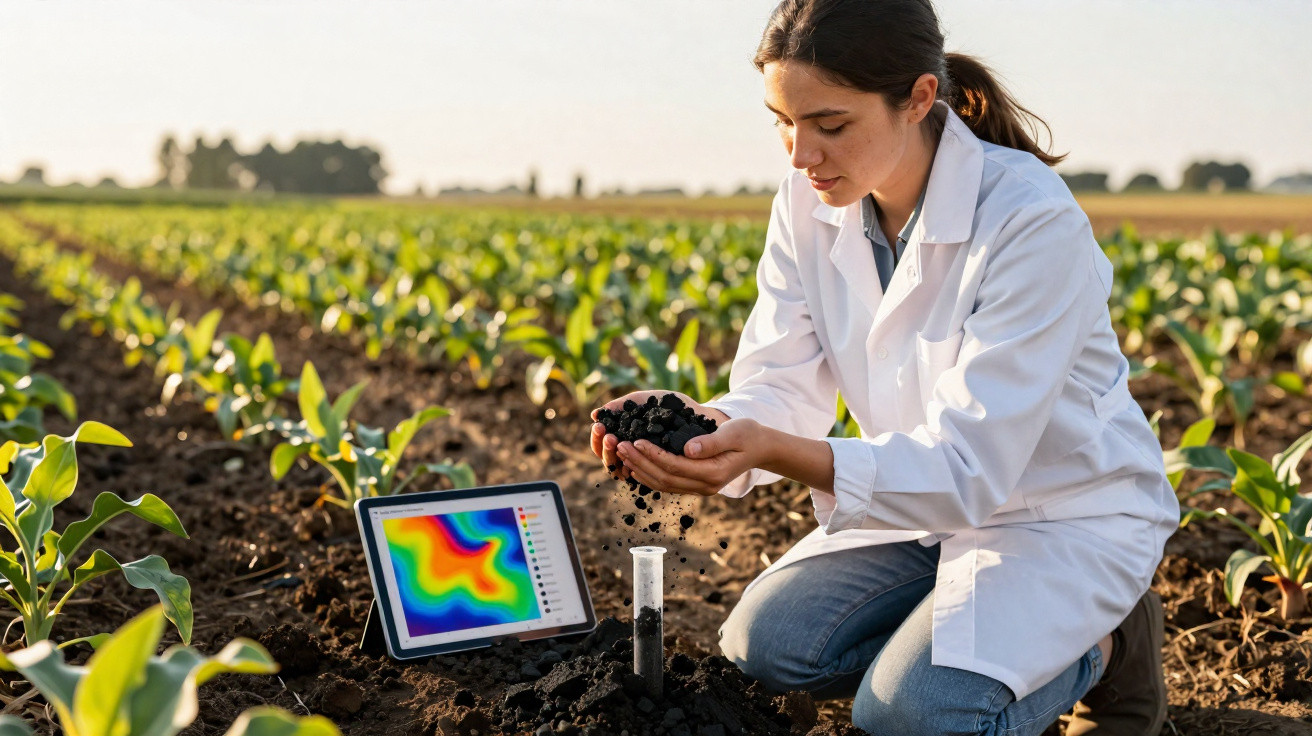 Female scientist in white coat analysing soil in crop field with digital soil map on a tablet nearby