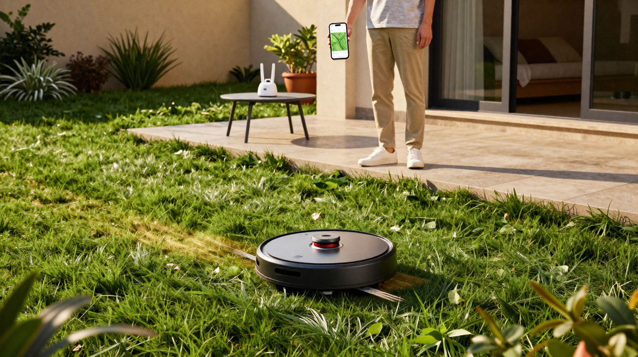 Person controlling a robotic lawn mower on grass using a smartphone app outside a patio door.