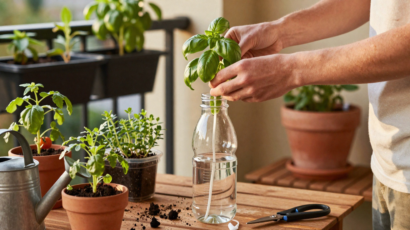 Person placing a basil cutting into a water-filled glass bottle on a wooden table with potted plants nearby.