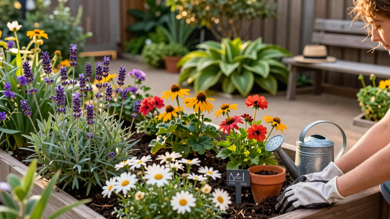 Raised garden bed with colourful flowers and a person wearing gloves tending the soil using a watering can nearby.